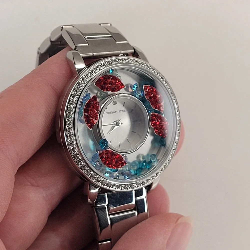 Origami Owl Silver Crystal Living Locket Watch - Red Lips & Blue Crystals